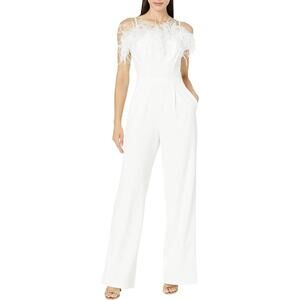 XSCAPE Women's Long Jumpsuit Scuba Crepe Feather Sleeveless White Size 6